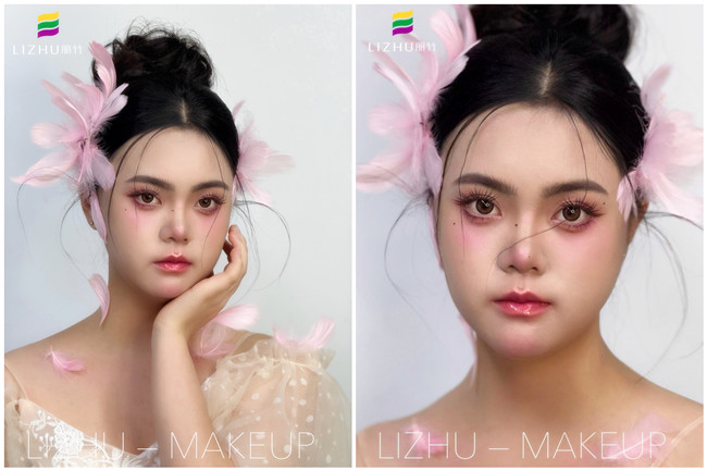 粉色羽毛寫(xiě)真作品，廣西學(xué)化妝操作